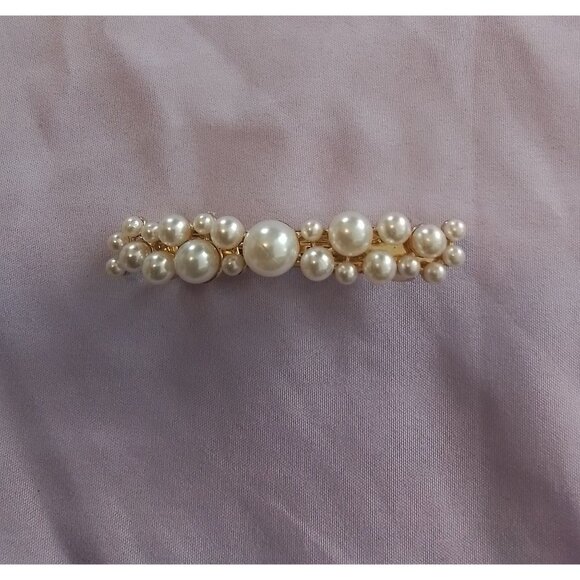 Elegant Faux Pearl Gold-Tone Barrette Vintage Hair Accessory - Picture 1 of 3